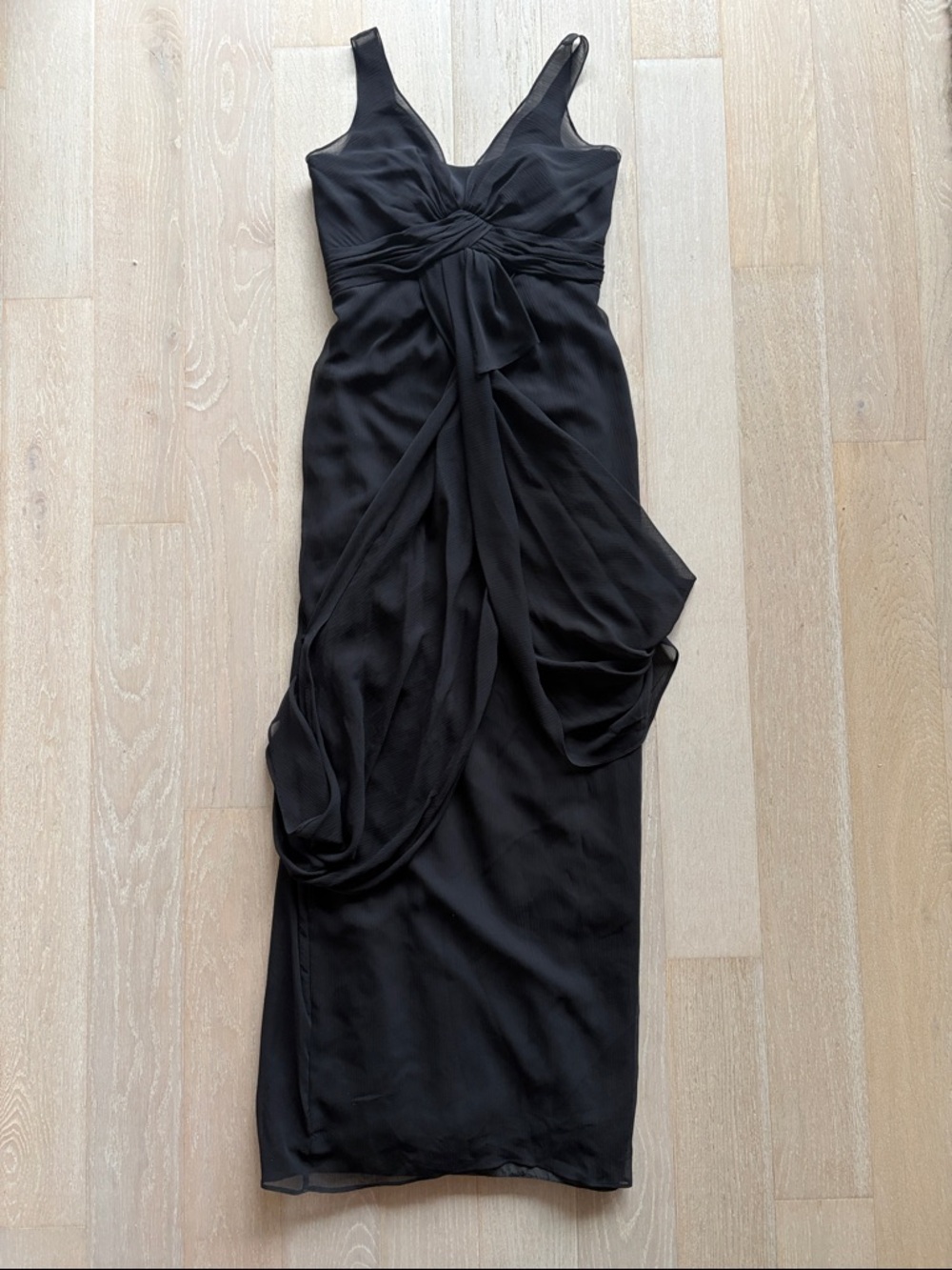 Vera Wang Black Draped Chiffon Midi Dress